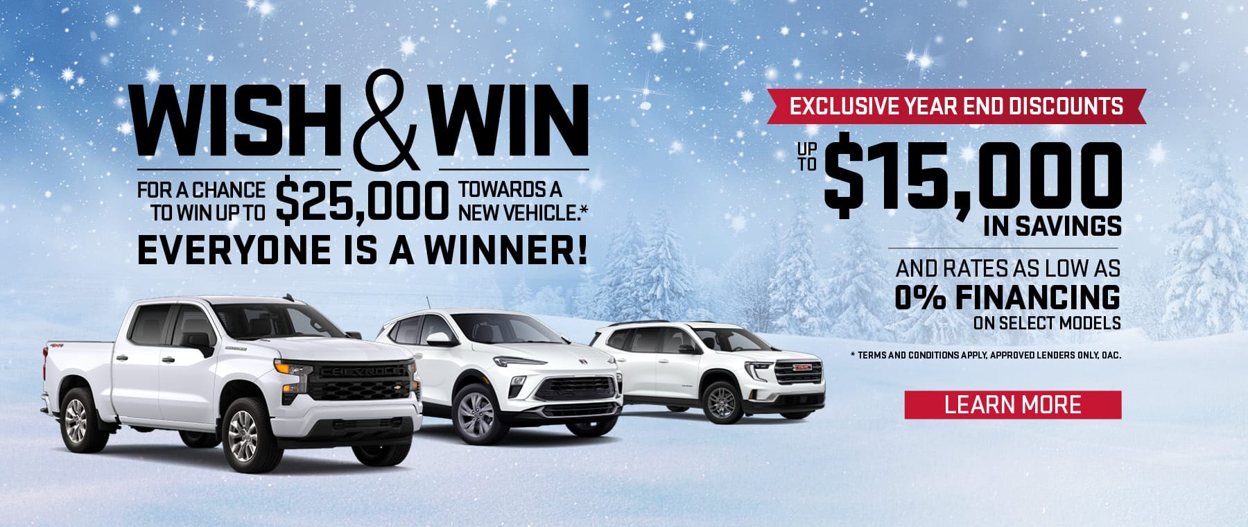 Winter car sale banner with snowy background, featuring trucks and SUVs. Offers include $25,000 prize draw and $15,000 savings.