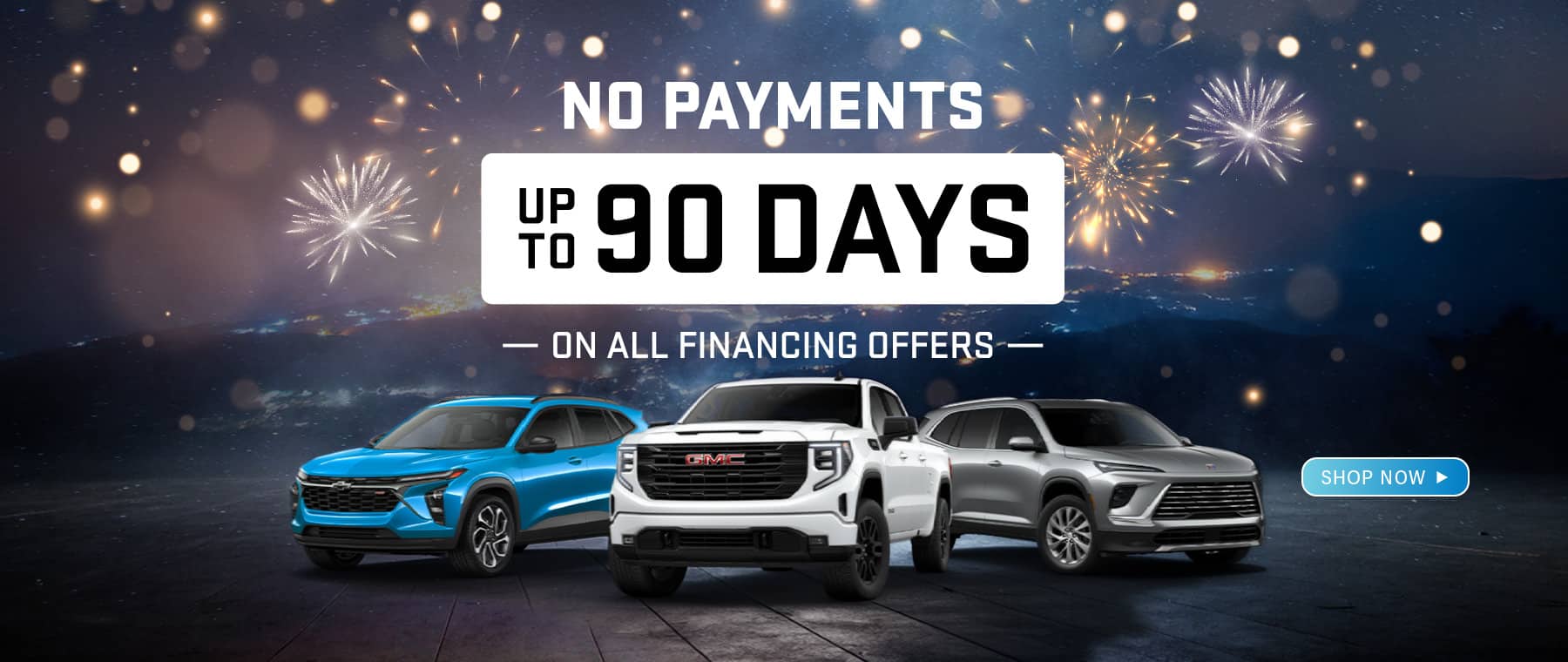 Car sale banner with "No payments up to 90 days" text. Fireworks and three cars displayed.