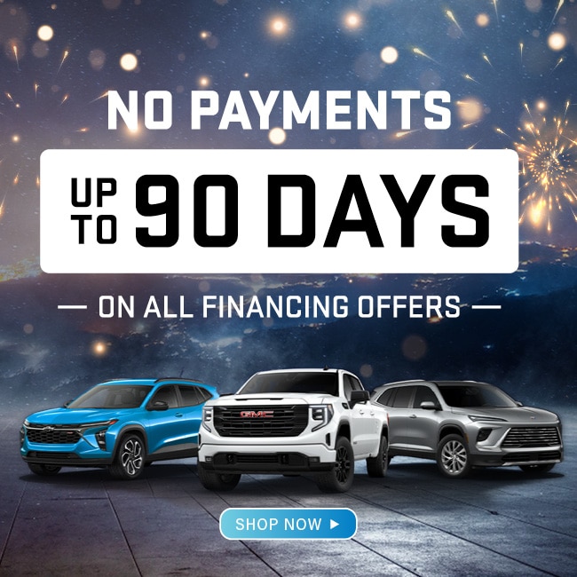No payments for 90 days on all financing offers, featuring three vehicles with fireworks background.