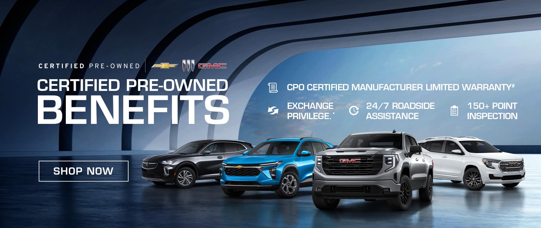 Certified Pre-Owned benefits: warranty, inspection, 24/7 roadside assistance, exchange privilege.