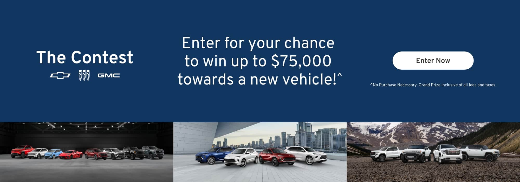 Contest image promoting a $75,000 vehicle prize, featuring Chevrolet, Buick, and GMC logos and cars.