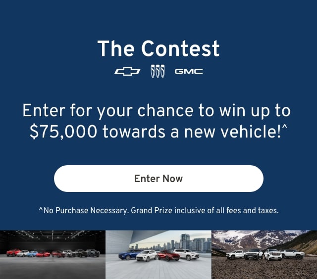 Contest banner offering a chance to win $75,000 towards a new Chevrolet, Buick, or GMC vehicle.