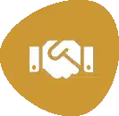 Illustration of a white handshake icon on a gold, irregular-shaped background.