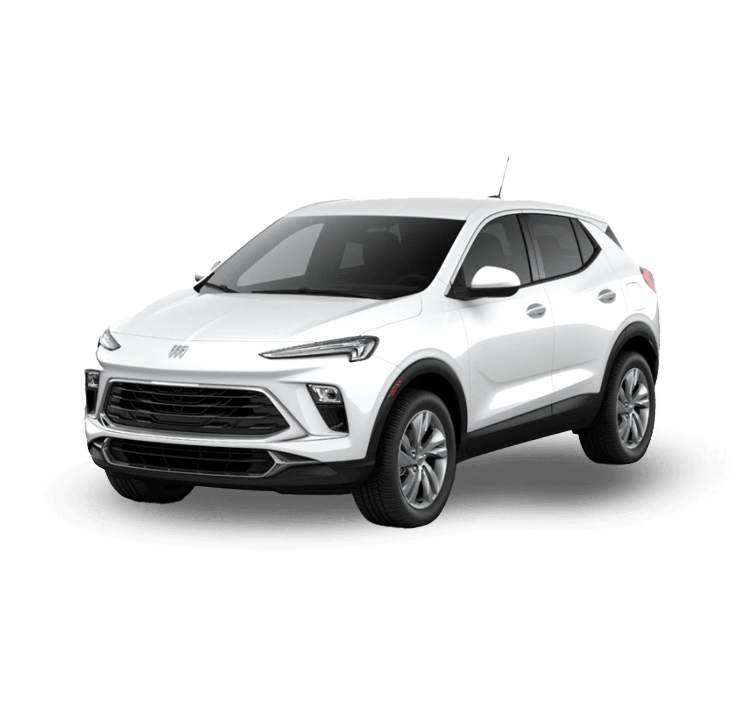 A white SUV with a modern design. It has sleek, angular headlights and a large front grille. The vehicle is positioned at an angle, showing both the front and side. The background is plain and shadowed beneath the car.