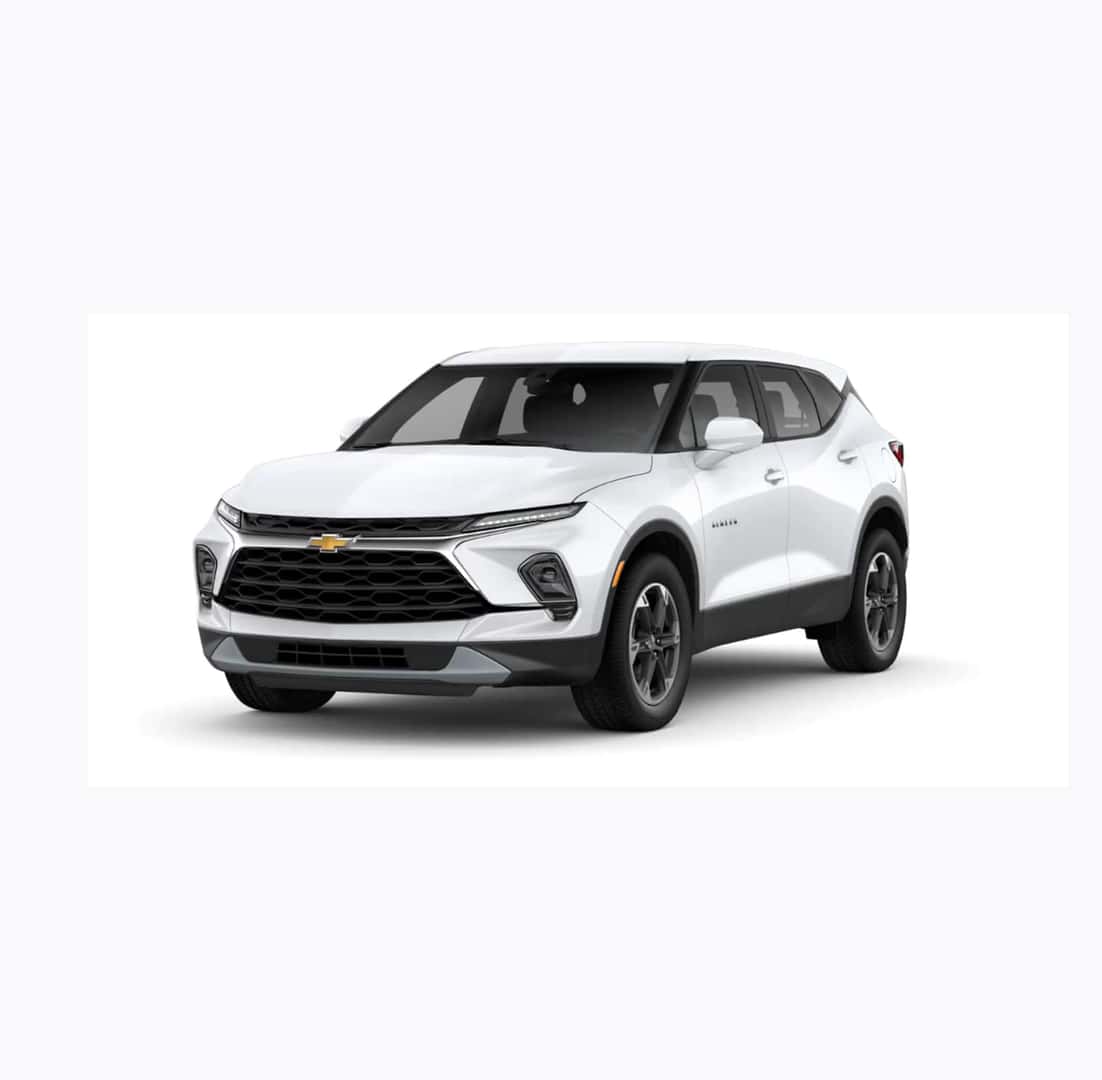 A white Chevrolet Blazer SUV on a plain white background, viewed from the front left side. The vehicle has sleek lines, a distinctive grille, and modern headlights, giving it a sporty appearance.