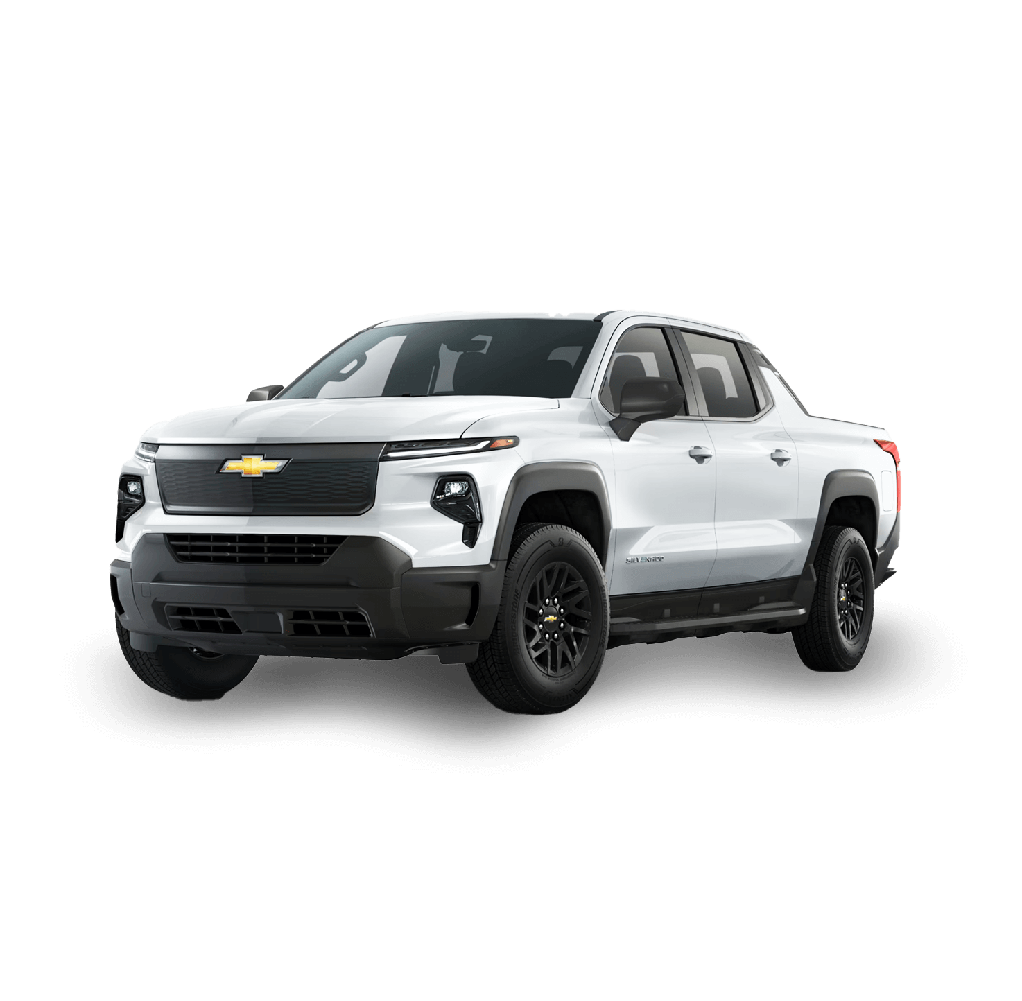 A white Chevrolet Silverado EV pickup truck with black accents on the front grille and bumper. It features a sleek, modern design with four doors and sporty black wheels. The truck is viewed from a front angle.