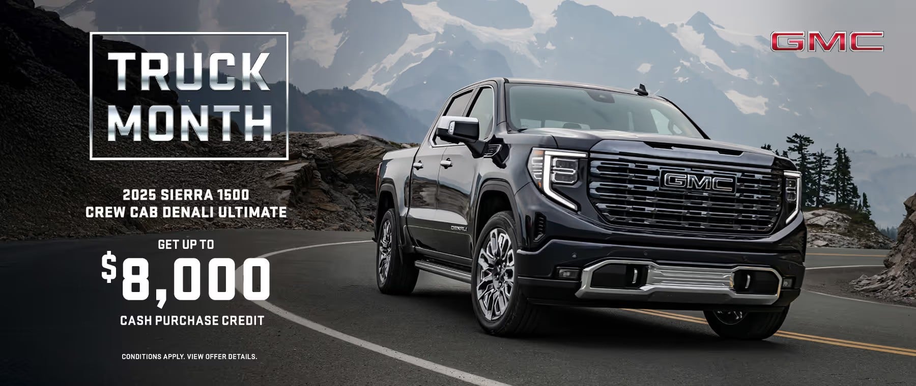 A black 2025 GMC Sierra 1500 Crew Cab Pro Graphite truck is parked on a snowy road with trees in the background. The ad text highlights a 0% financing offer for up to 60 months.