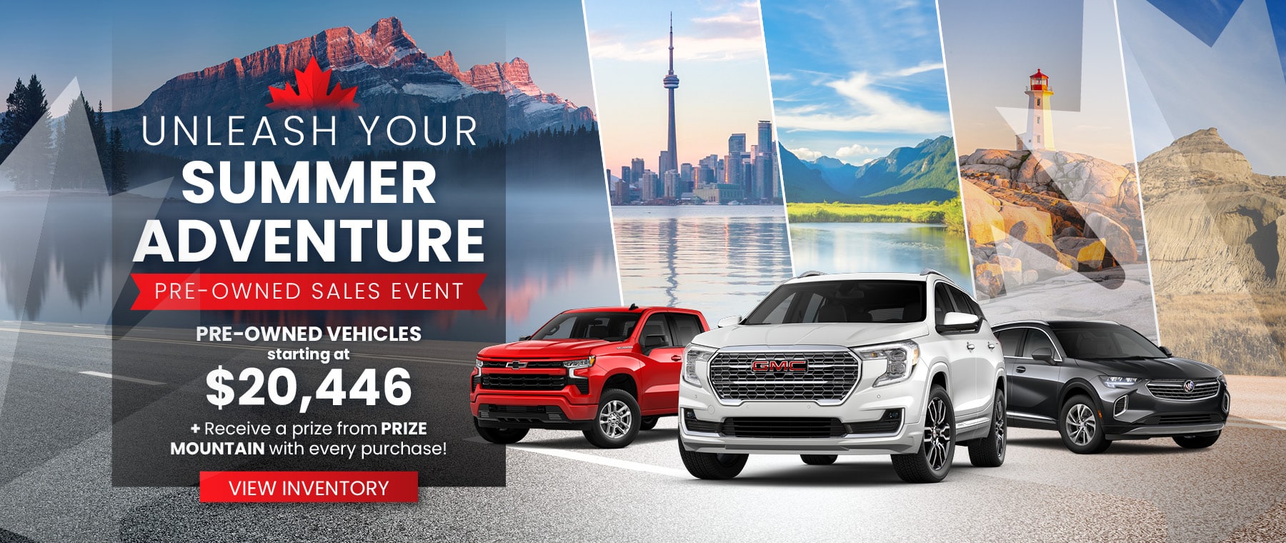 Banner for a pre-owned vehicle sales event featuring three cars, scenic Canadian landscapes in the background, and promotional text offering vehicles starting at $20,446 and a prize with every purchase.