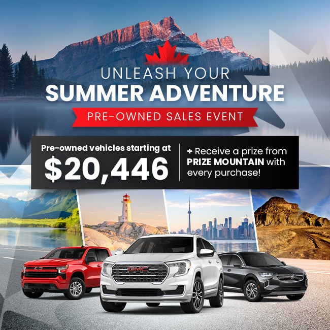 Advertisement for a summer adventure pre-owned vehicle sales event, featuring three cars in the foreground, scenic backgrounds, and text stating prices start at $20,446 and a chance to win a prize with each purchase.
