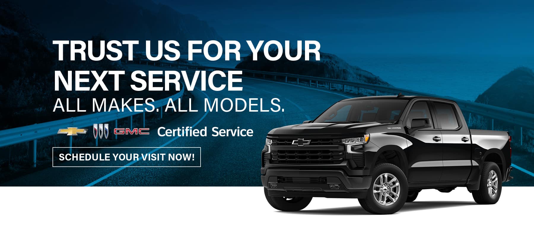 Black pickup truck on a coastal road with text promoting certified service for all vehicle makes and models.