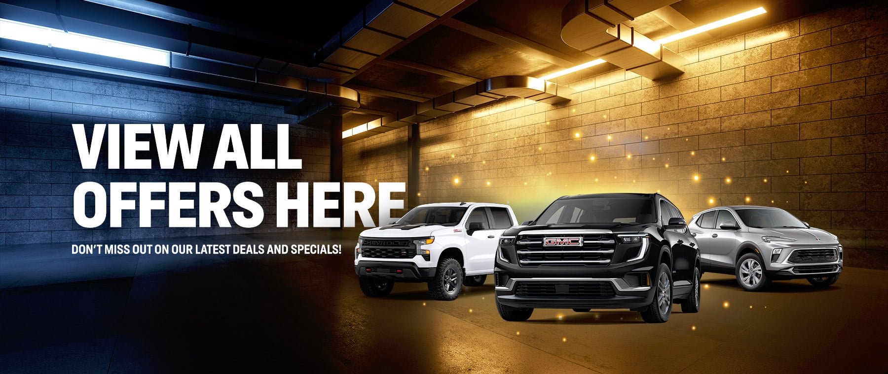 Car showroom advertisement with text "View All Offers Here" and three vehicles displayed.