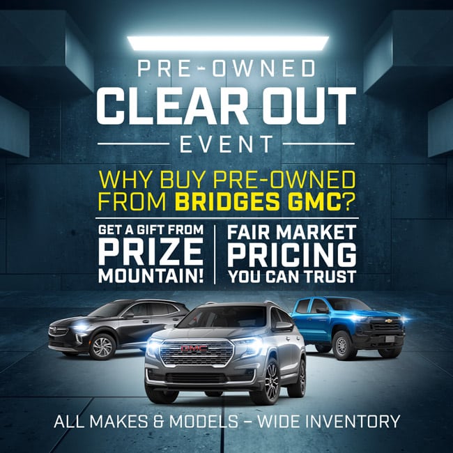 Advertisement for a summer adventure pre-owned vehicle sales event, featuring three cars in the foreground, scenic backgrounds, and text stating prices start at $20,446 and a chance to win a prize with each purchase.