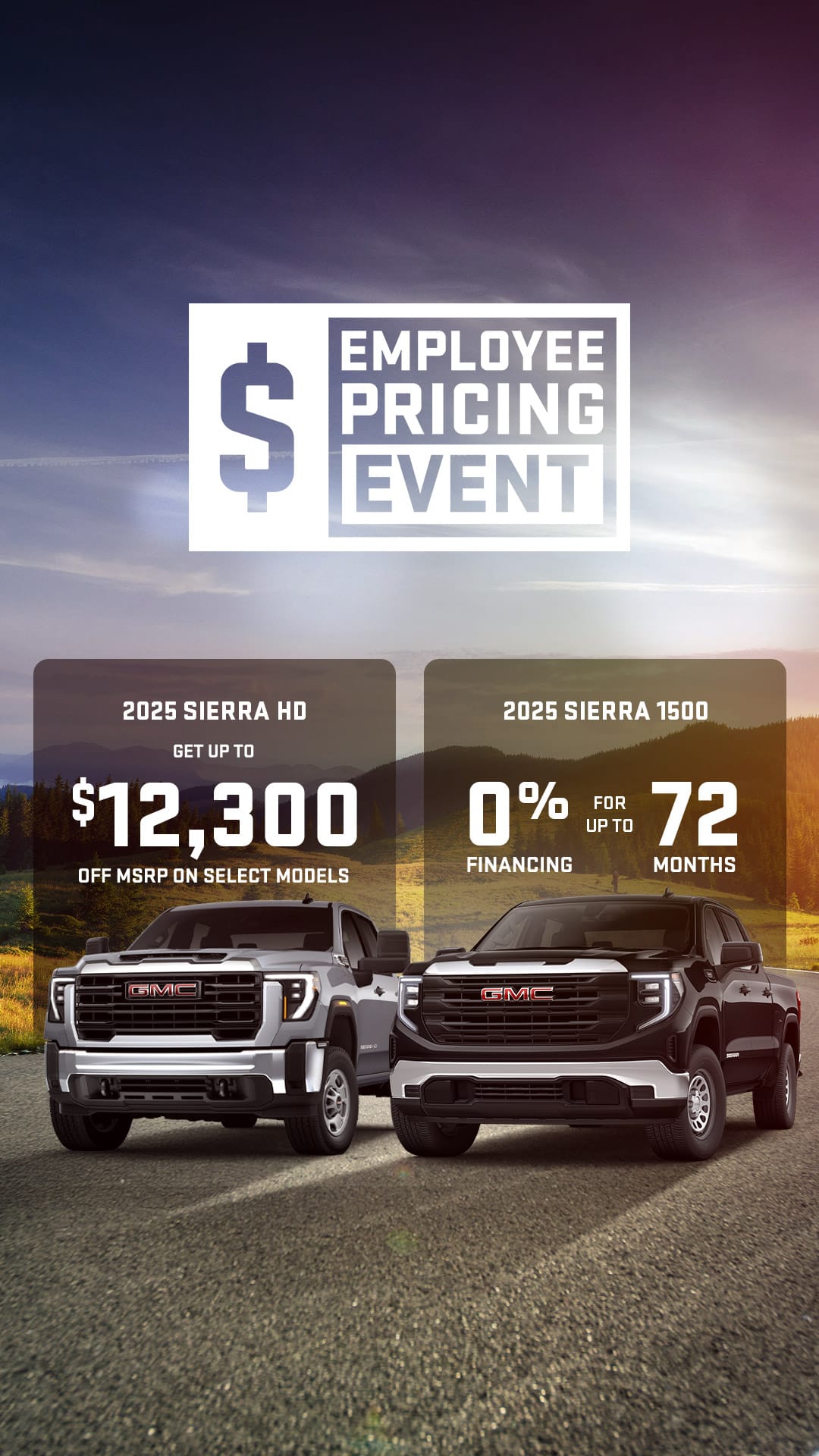 Advertisement for a summer adventure pre-owned vehicle sales event, featuring three cars in the foreground, scenic backgrounds, and text stating prices start at $20,446 and a chance to win a prize with each purchase.