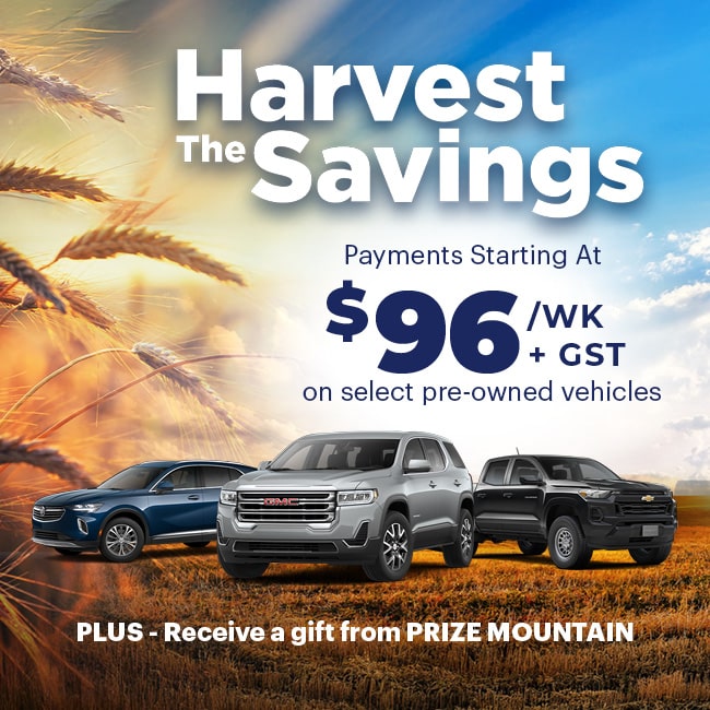 Advertisement for a summer adventure pre-owned vehicle sales event, featuring three cars in the foreground, scenic backgrounds, and text stating prices start at $20,446 and a chance to win a prize with each purchase.