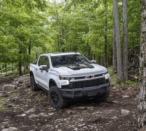 White Chevrolet truck on a rugged forest trail, surrounded by lush green trees.