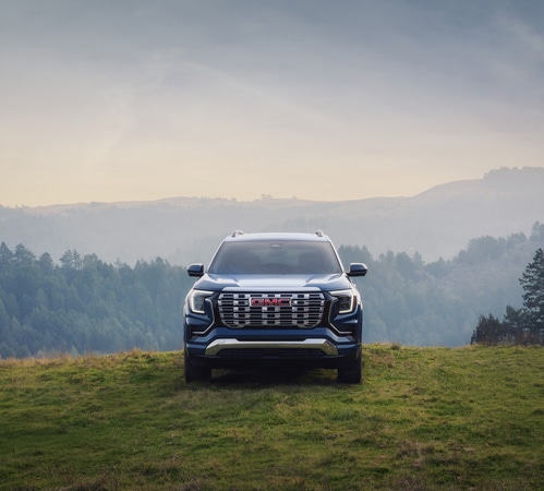 Front view of a blue SUV on a grassy hill with a misty forest and mountain backdrop.