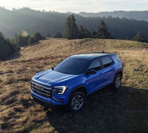 Blue SUV parked on a grassy hill with forested mountains in the background under a clear sky.