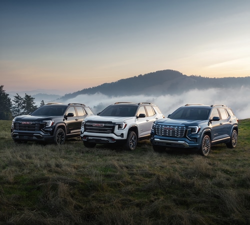 Three SUVs parked on a grassy hill at sunrise, misty mountains in the background.