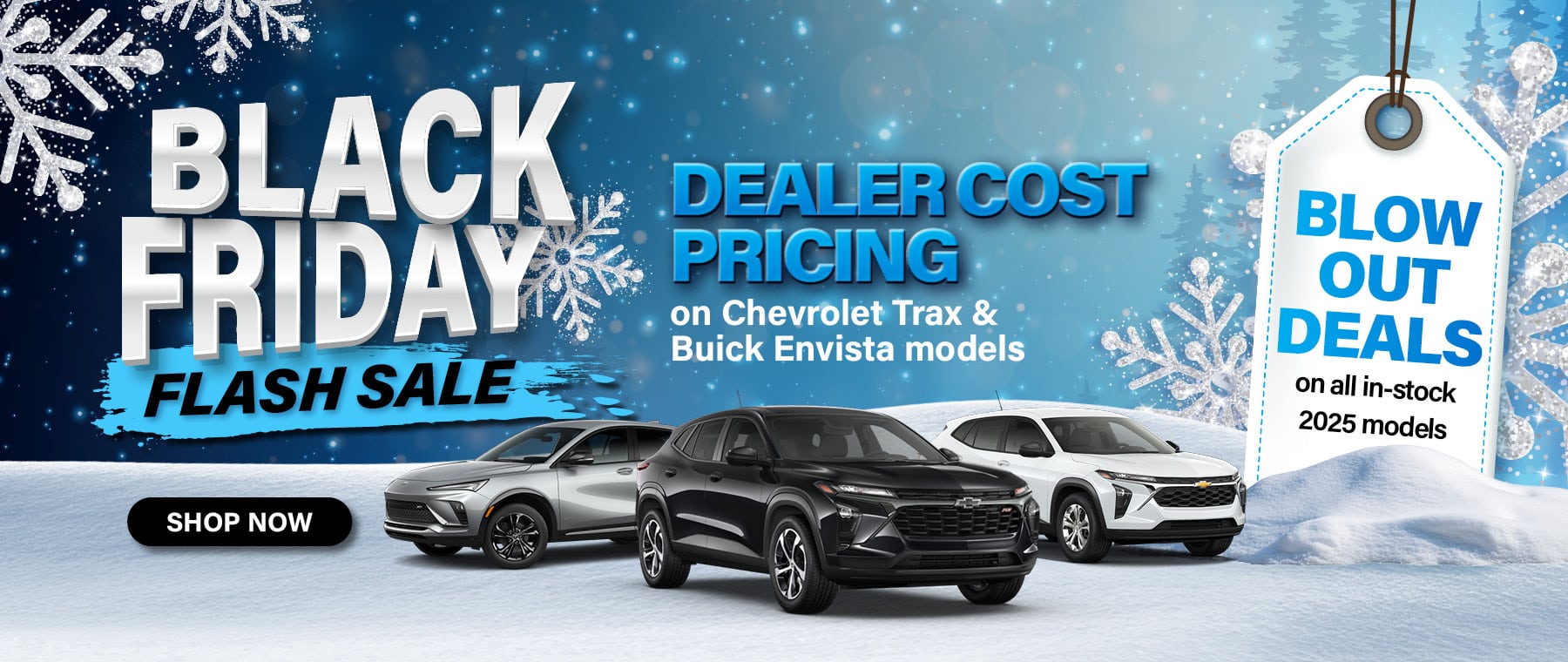Black Friday sale banner with cars, snowflakes, and dealer cost pricing for 2025 Chevrolet Trax and Buick Envista.