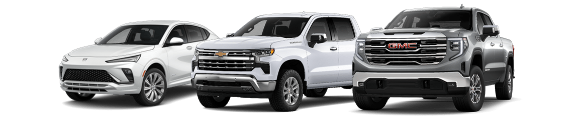 Three SUVs and a pickup truck are lined up. From left to right, a white SUV with a circular logo, a white SUV and a black pickup truck, both with GMC logos. All vehicles are shown from the front at a slight angle.