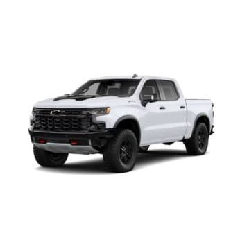 A white Chevrolet Silverado EV pickup truck with black accents on the front grille and bumper. It features a sleek, modern design with four doors and sporty black wheels. The truck is viewed from a front angle.