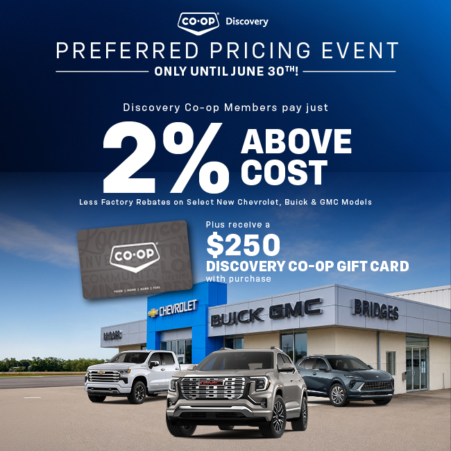 Discovery Co-op offers 2% above cost on Chevrolet, Buick, GMC; includes $250 gift card. Ends June 30th.
