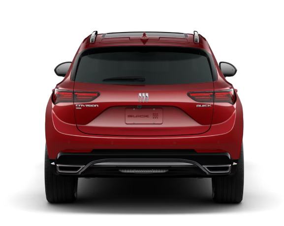 Rear view of a red Buick Envision SUV, showcasing its modern design and taillights.