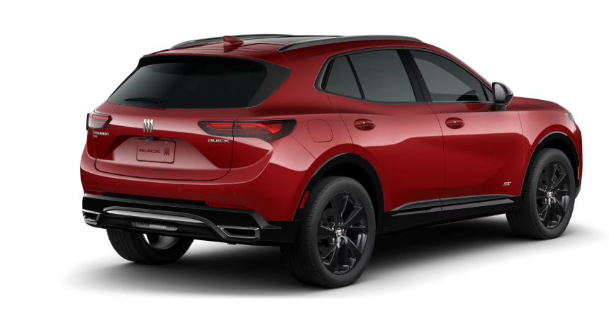 Red SUV with black wheels, rear view. Features sleek design and tinted windows.